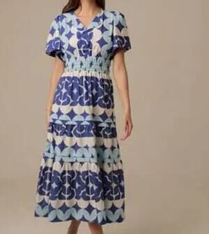Lavi V Neck Geometric Smocked Waist Geometric Midi Dress Blue White Size Large